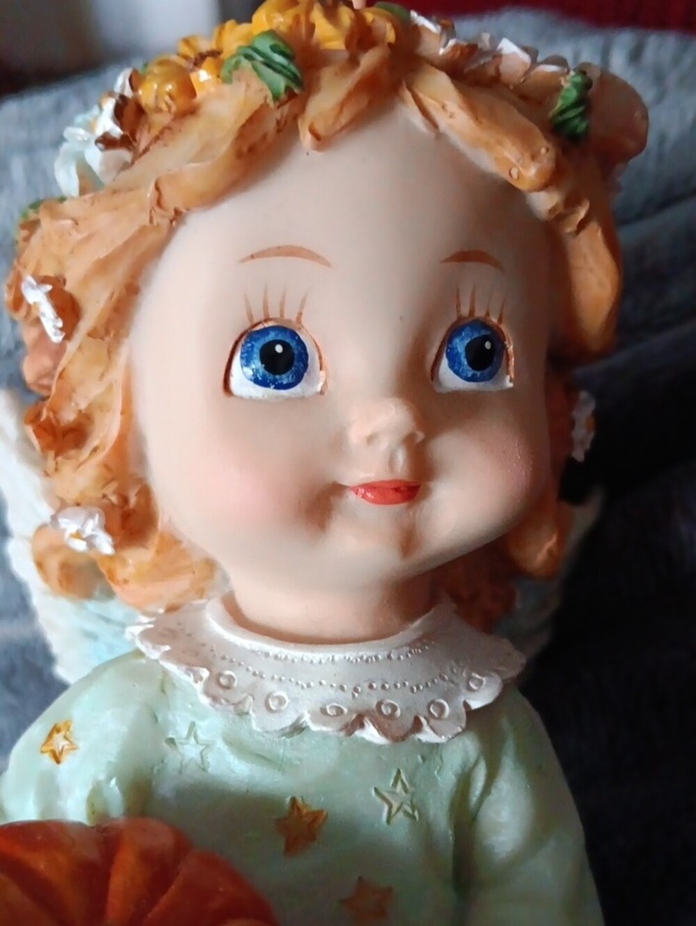 October Angel Figurine in Mint Green Dress with Pumpkin